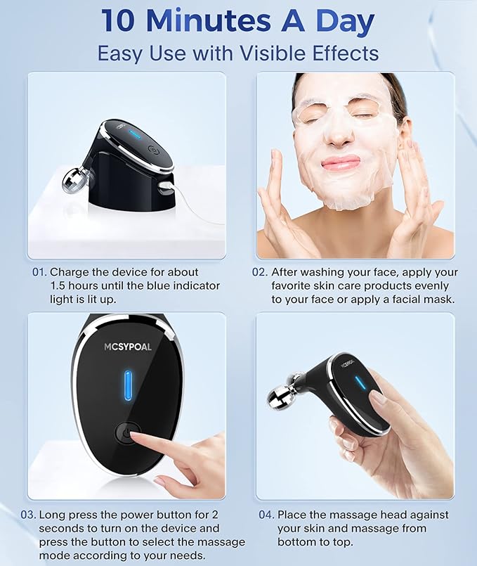 Microcurrent-Facial-Device, 5-in-1 Microcurrent Multifunctional Facial Massager, Face Roller Face Massager for Skin Care, Glossy Black