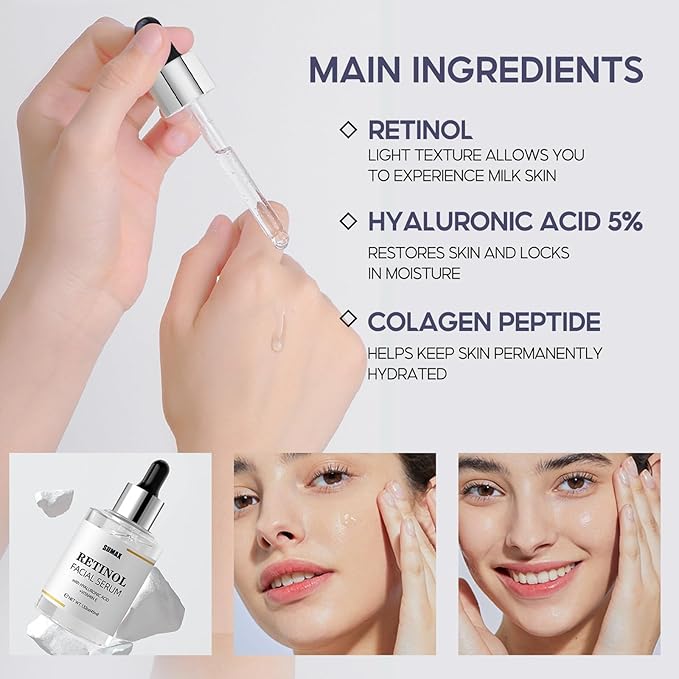 Retinol Serum for Face, Daily Anti Aging Facial Serum Skin Care Treatment with Hyaluronic Acid and Vitamin E, Smoothing Face Oil for Fine Lines and Wrinkles, Hydrating Serum for Even Tone 1.52 fl. oz
