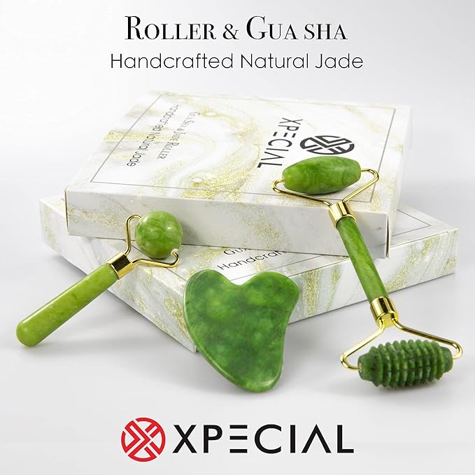 Gua Sha & Jade Roller 3 in 1, Face Roller, Guasha Facial Massage Skin Care Tool Set, Massager for Removal of Wrinkles & Eye Puffiness, Anti-Aging & Body Relaxation