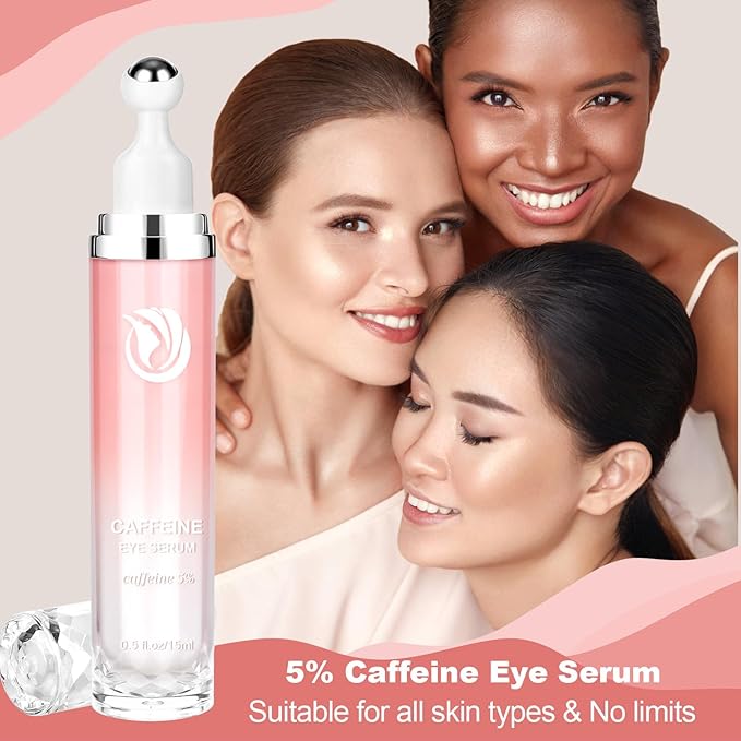5% Caffeine Eye Serum, Cream with 360°Massage Ball for Dark Circles, Puffiness and Fine Lines, 0.5 fl.oz Under Eye Roller Cream, Efficient in Firming Eyelids