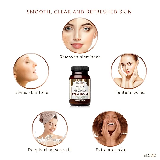 Shea Terra Kigelia Age Defense Collection - Cleansing Face Mask | Natural, Anti-Aging Face Mask with Gob Tree Leaf Powder to Exfoliate Skin and Banish Blemishes & Clogged Pores for Clear Skin – 5oz