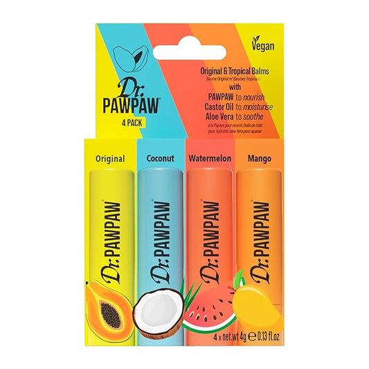 Dr. PawPaw Original and Tropical Balms - Hydrating Lip Balm Moisturizers with Aloe Vera for Deep Nourishment - Castor Oil Enriched - 4 pc