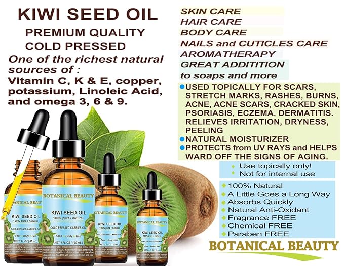 Botanical Beauty KIWI SEED OIL. 100% Pure Natural Undiluted Virgin Cold Pressed Carrier Oil 4 Fl.oz.- 120 ml for Face, Skin, Body, Hair, Nail Care