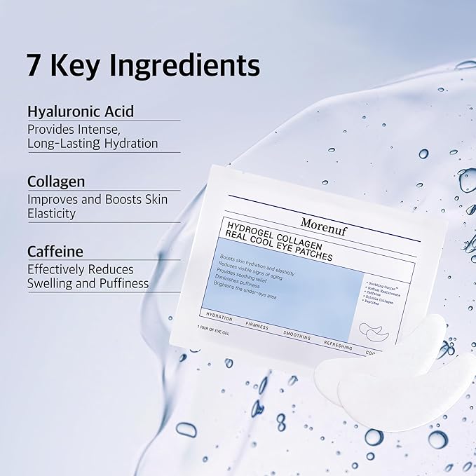 Hydrogel Collagen Real Cool 6 Pairs of Eye Patches & Hydrating Roll-On Serum Set for Dark Circles and Puffiness - Hyaluronic Acid and Caffeine Eye Serum Korean
