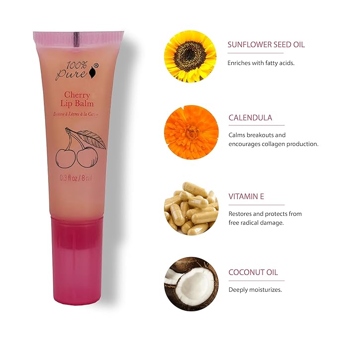 100% PURE Organic Cherry Lip Balm, Moisturizing, Soothing for Dry, Chapped Lips, Made w/Coconut Oil, Vitamin E, Natural Lip Balm - 0.4 oz