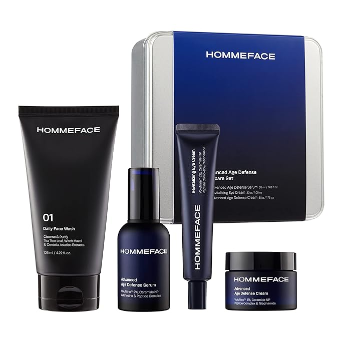 HommeFace Men's Advanced Anti-Aging 4-Step Skincare Routine Bundle with Daily Face Wash, Serum, Revitalizing Eye Cream, and Facial Cream