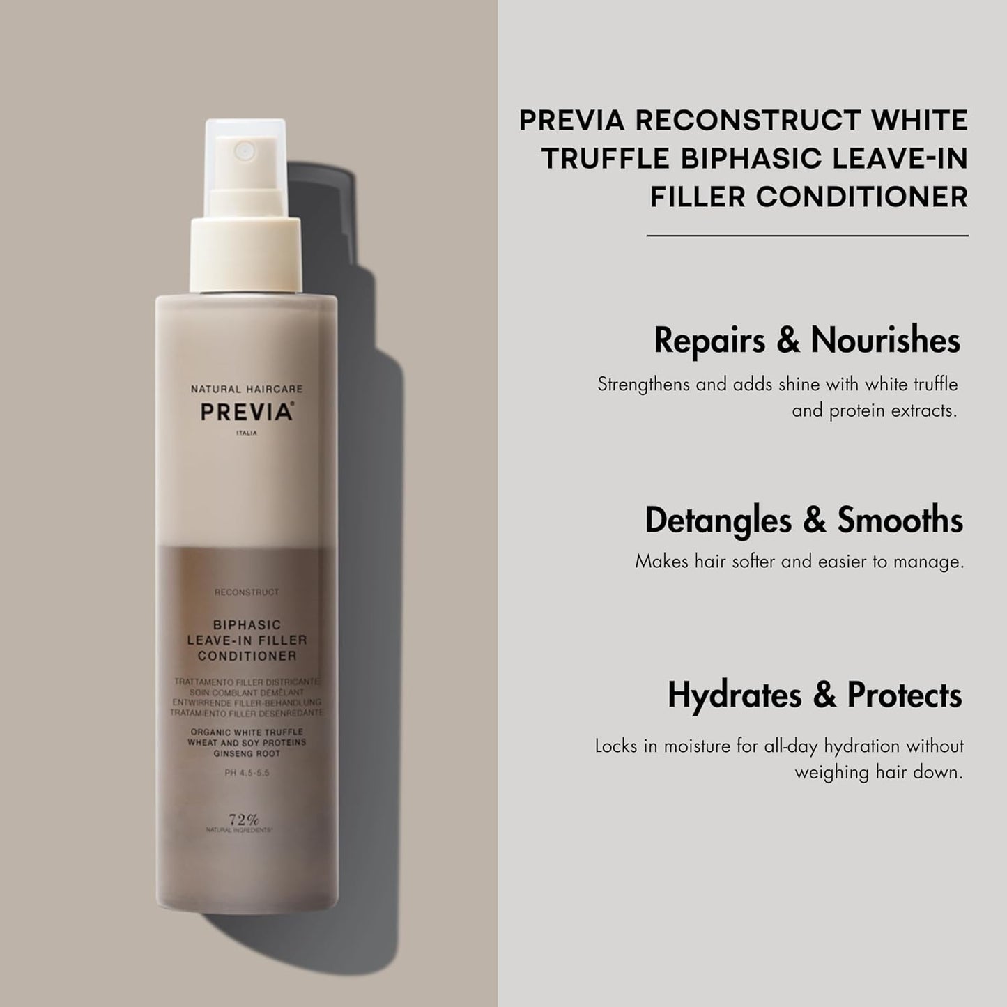 PREVIA Hydrating Biphasic Leave-In Conditioner Spray | Moisturizing & Anti-Frizz Reconstructive Treatment with White Truffle | Detangle & Repair Dry Damaged Hair | Vanilla & Bergamot Scent | 6.7 oz