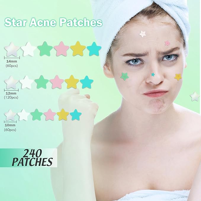 Star Pimple Patches For Face 240 Counts Hydrocolloid Acne Patches with Tea Tree Oil Blemish Zit Patches For Face 3 Sizes Acne Patch Acne Dots Patches 6 colors Pink Yellow Blue Star Pimple Patches