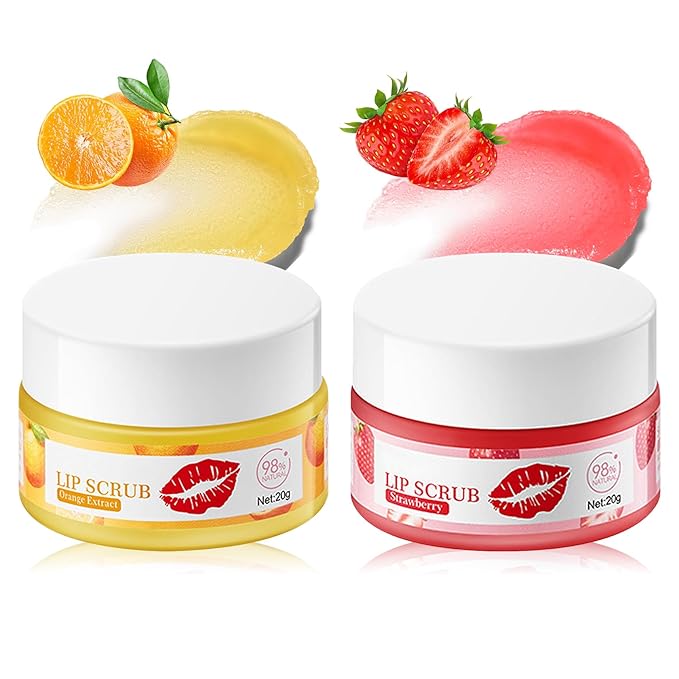 2 Pack Strawberry Orange Lip Scrub Set,Long Lasting Moisturizing Lip Scrubber Exfoliator, Cleansing Hydrating Lip Exfoliator Scrub and Moisturizer Kit for Chapped Dry Lips