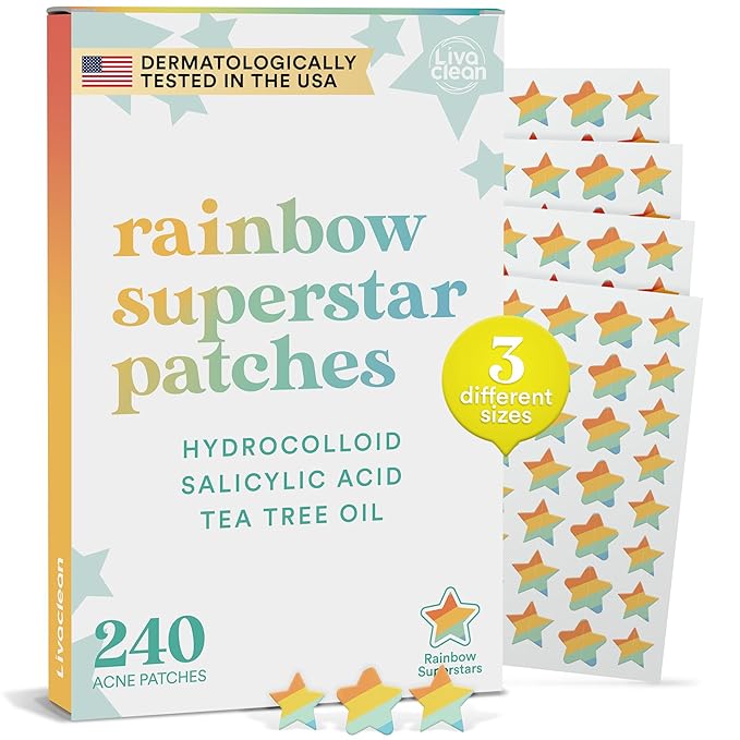 LivaClean 240 CT Rainbow Superstar Acne Patches w/Salicylic Acid & Tea Tree, Rainbow Star Patch Star Pimple Patch Pimple for Face Acne Patches Cute Zit for Face