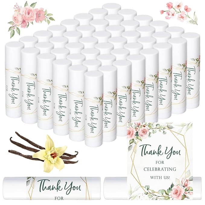 Whaline 60Pcs Thank You Gift Lip Balm Bulk Wedding Lip Balms Vanilla Flavor Floral Moisturizing Lip Care Guest Basket Gift Stuffer for Bridal Shower Baby Shower Birthday Party Favor Supplies