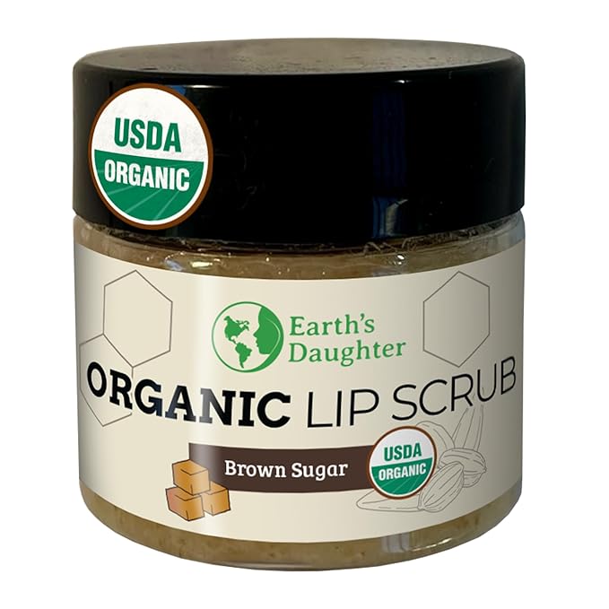 Earth's Daughter Organic Brown Sugar Lip Scrub 0.7 oz - USDA Organic Lip Exfoliator Scrub for Dry Lips - Fair Trade, Brown Sugar, Jojoba Oil, Beeswax, Coconut Oil - Scrubber Exfoliator