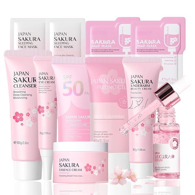 Japan Sakura Skin Care Set Women Gifts 11 Pcs - Skin Care for Teens 10-12 - Skincare for Girls 10-12 - Japanese Skin Care Routine Kit for Women with Sunscreen, Underarm Cream, Peeling Gel
