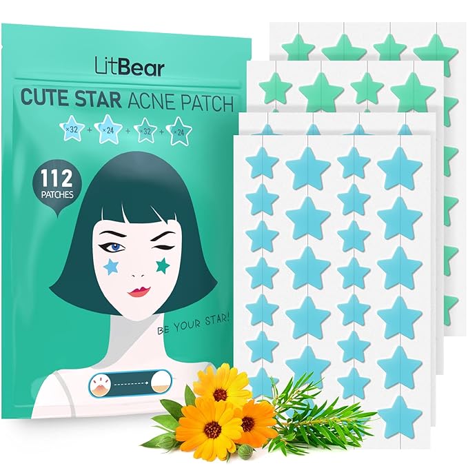 LitBaer Star-Shaped Pimple Patch Hydrocolloid Acne Stickers with Tea Tree Oil + Salicylic Acid, Cover Dot for Acne Blemish, Pimples, Whiteheads, Zit, Draw out Oil & Impurities, 112 Dots, 14mm & 10mm