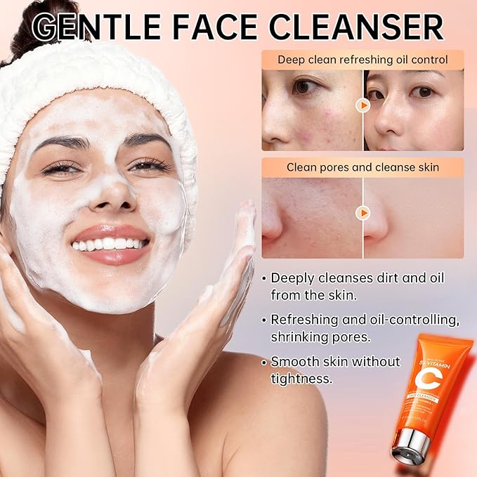 Vitamin C Skincare Set, 4PCS Travel Skincare Set With Facial Cleanser, Eye Cream, Serum & Face Cream, Facial Skincare Set for Teen Girls and Women for Moisturizing, Anti-Aging, Anti-Wrinkle