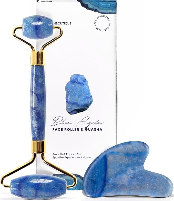 ROSELYNBOUTIQUE Gua Sha Facial Tools & Face Roller for Wrinkless Natural Skincare Tool Jade Roller Guasha Tool for Face Facial Massager (Blue Aventurine)