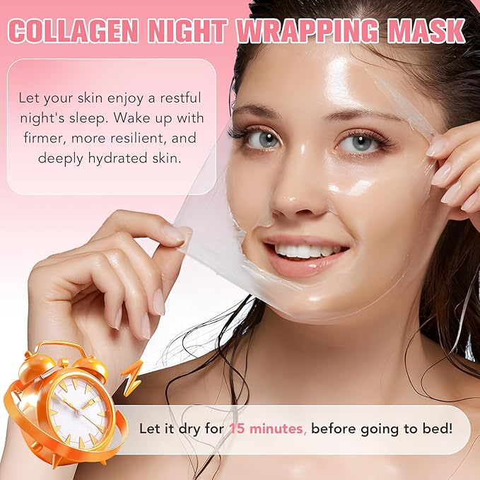 Collagen Night Wrapping Mask with Brush 2.53 fl.oz, Collagen Overnight Wrapping Peel Off Facial Mask Pack, Reduces Sagging & Dullness - Hydrolyzed Collagen For Glowing Skin, For Glass Skin