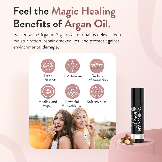 Organic Moroccan Magic Lip Balm 3 Pack | Watermelon Lip Balm Set | Chapsticks for Dry Lips | Made with Natural Argan, Essential Oils Lip Moisturizer and Vitamin E | Smooth Application, Non-Toxic