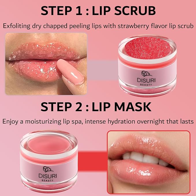 Lip Mask and Lip Scrub Set - Moisturizing Lip Scrub for Exfoliating and Smoothing Lips, Cruelty-free - Improves Texture, Hydrates, and Softens Chapped, Dark Lips Skin - (Strawberry)
