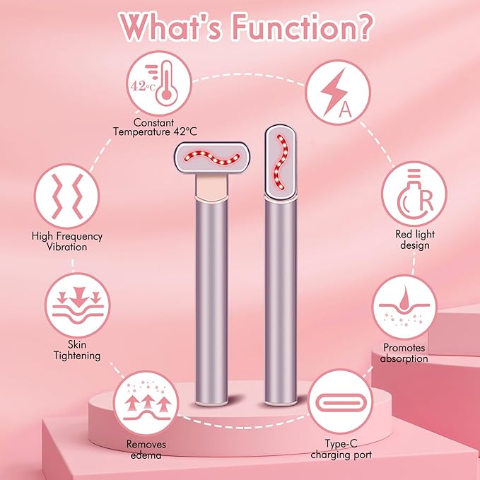 Red Light Therapy for Face,Facial Wand 4 in 1, Red Light Therapy Wand with Microcurrent, Face Lift Device for Face Massager to Reduce Wrinkles, Anti-Aging Facial Tools, USB Rechargeable (Pink