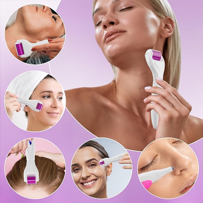 Derma Roller for Hair and Beard, 6 in 1 Microneedle Rollers Kit with 5 Replaceable Heads, Microneedling Roller for Scalp and Body, 300 Needle and 720 Micro Needle roller, 1200 Needle