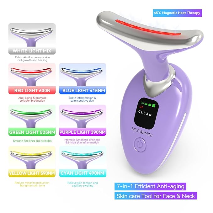 Facial & Neck Massager with Red Light Therapy | 7-Color LED Face Sculpting Wand | at-Home Skincare Tool for Women (Purple)