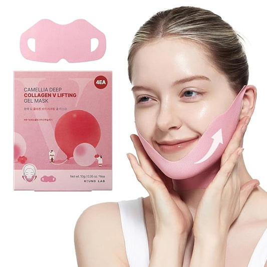 ROUND LAB Camellia Deep Collagen V Lifting Gel Mask 10g/0.35oz * 4EA | face toning belt, collagen v-line mask, improves sagging skin, lifting & firming, double-chin mask, instant cooling & depuffing