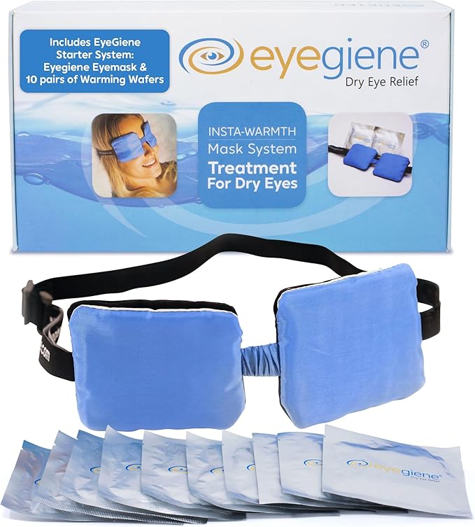 EyeGiene System - Self Heating Eye Mask – Warm Compress for Eyes, Multi-Use Heat Treatment for Dryness, Fatigue, Styes, Blepharitis, Portable Heated Mask for Dry Eyes, 10 Pair Wafers & 1 Eye Mask