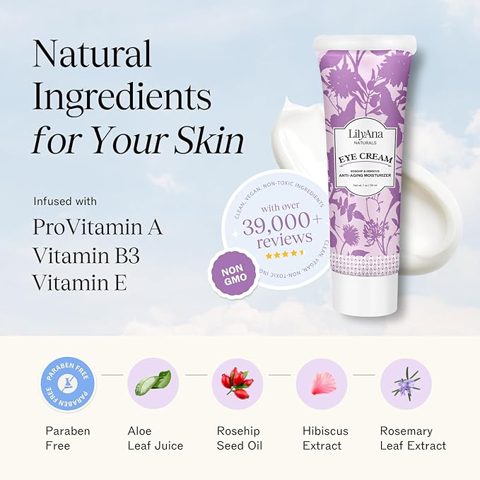LilyAna Naturals Eye Cream for Dark Circles and Puffiness, Anti Aging Under Eye Cream for Wrinkles and Bags helps Improve Dryness; for Sensitive Skin (Bottle, 1.0 Ounce (Pack of 1))