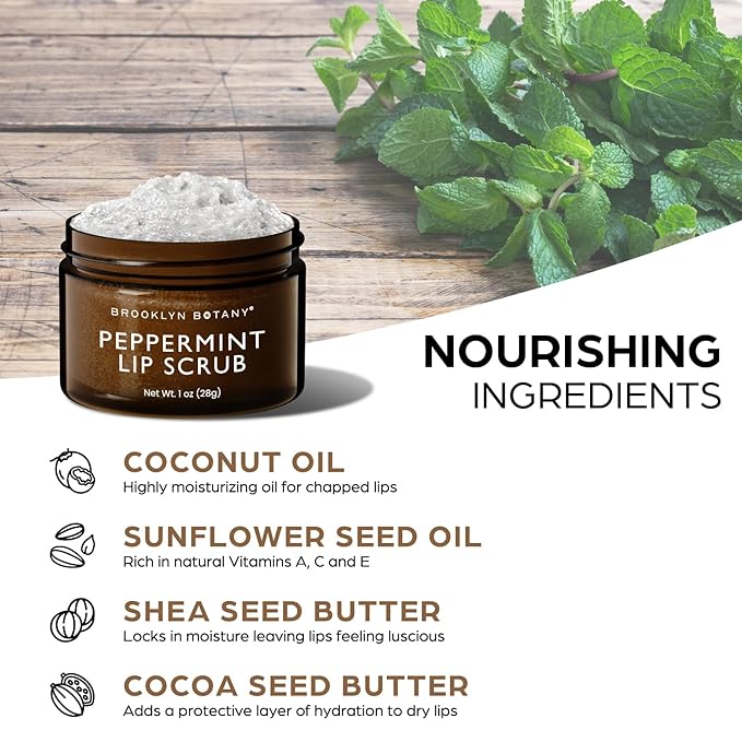Brooklyn Botany Lip Scrub Exfoliator 1 oz – Lip Moisturizer for Dry Lips and Chapped Lips – Gentle Lip Exfoliator for Smooth and Brighter Lips – Peppermint Flavor