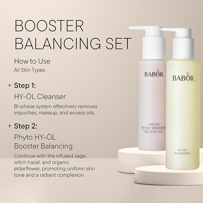 BABOR HY-OL Cleanser & Phyto HY-OL Booster Balancing Set, Double Cleansing, Oil Cleanser and Makeup Remover Oil, Evens Complexion for Combination & Oily Skin