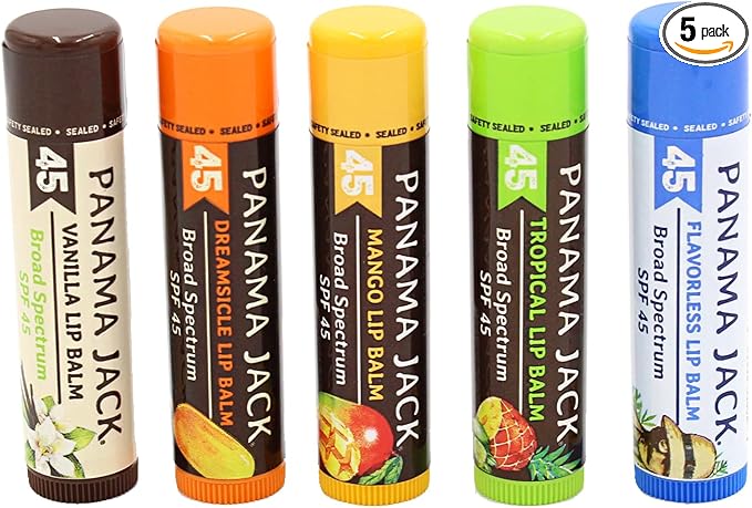 Panama Jack Sunscreen Lip Balm - SPF 45, Flavor Pack, Broad Spectrum UVA-UVB Sunscreen Protection, Prevents & Soothes Dry, Chapped Lips (5 Pack)