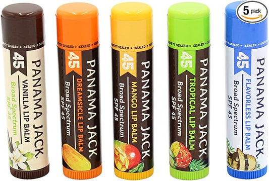 Panama Jack Sunscreen Lip Balm - SPF 45, Flavor Pack, Broad Spectrum UVA-UVB Sunscreen Protection, Prevents & Soothes Dry, Chapped Lips (5 Pack)