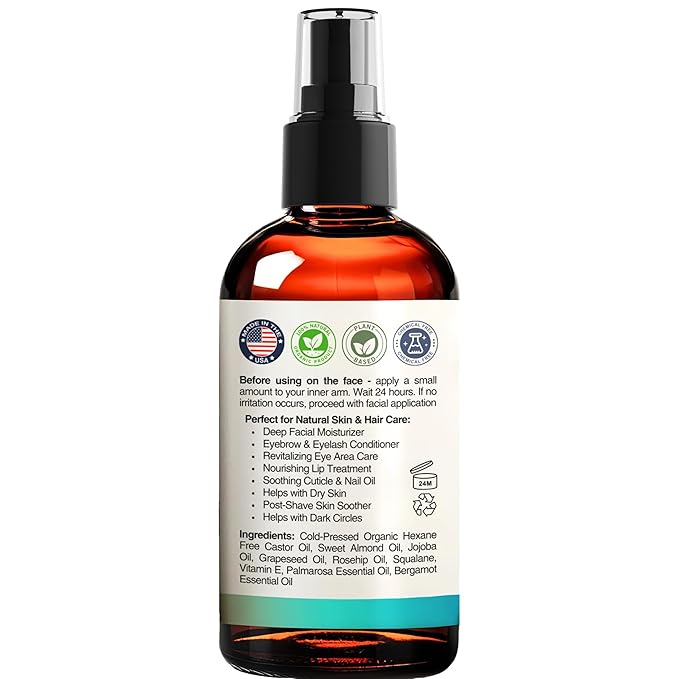Organic Castor Oil For Face Moisturizer, Eyes, Eyelashes, Eyebrows, Wrinkles with Jojoba, Rosehip, Grapeseed, Squalane, Palmarosa, Bergamot and Vitamin E for Gentle Skin, Men & Women 1oz
