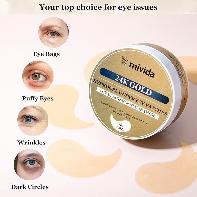 mivida Under Eye Patches 24K Gold with Hyaluronic-Acid•Niacinamide | Biodegradable 60 PCs for Under Eye Puffiness, Dark Circles & Wrinkles