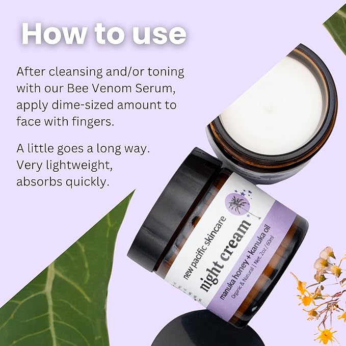 Organic Manuka Honey + Kanuka Oil Night Repair Face Moisturizer Cream | Rejuvenating, Calming, Restoring | 2.5 month supply, 2oz/60ml | Made in New Zealand
