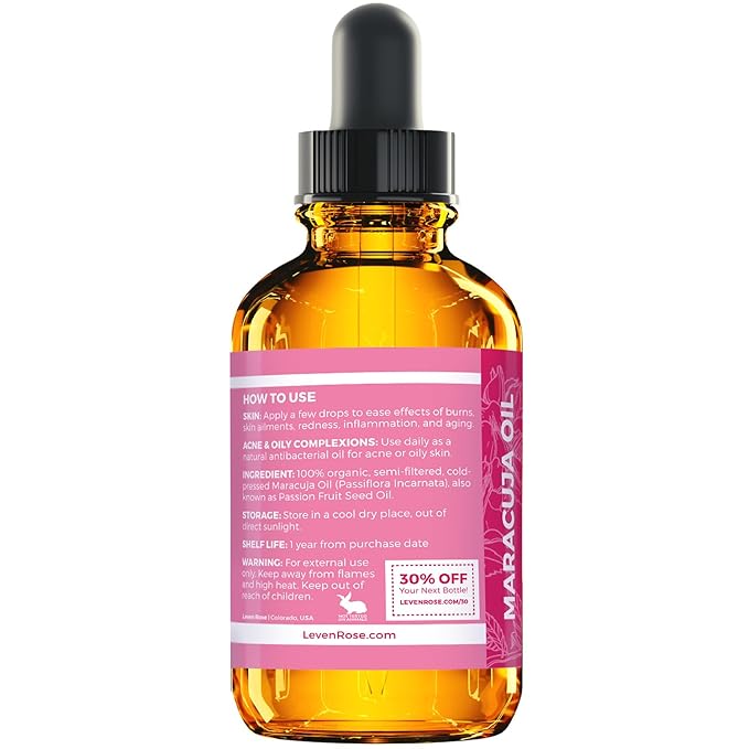 Leven Rose Maracuja Oil, Passion Fruit Seed Oil 100% Natural Moisturizer for Hair Skin and Nails 1 oz