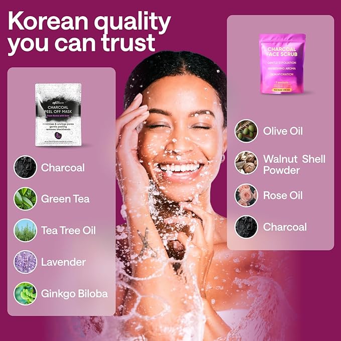 Ultimate Charcoal Skincare Bundle - Korean Charcoal Face Scrub & Peel Off Mask for Women & Men - 14 Exfoliating Scrubs & 1 Face Peel Mask for Blackheads & Pores