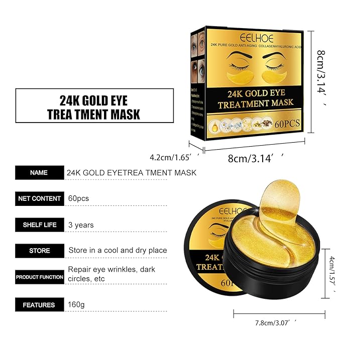Q.Z.Art 60 Pcs 24K Gold Under Eye Patches, Anti-Aging Eye Mask Infused with Collagen and Hyaluronic Acid - Reduce Dark Circles, Puffiness, and Wrinkles