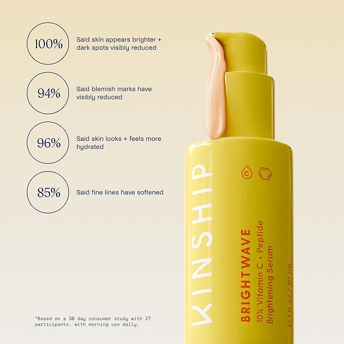 Kinship Brightwave 10% Vitamin C + Peptide Serum - Fade Dark Spots, Reduce Fine Lines & Wrinkles - Brighten, Plump & Smooth Face - Vegan Collagen - Anti-Aging Skincare - All Skin Types (1 Fl Oz)