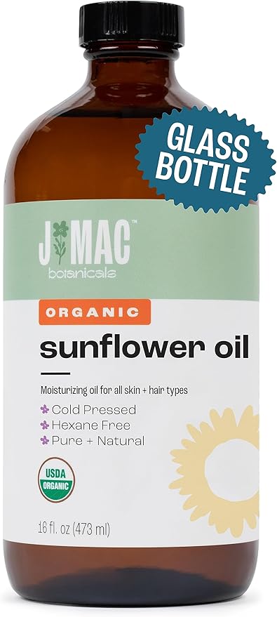 J MAC BOTANICALS Organic Sunflower Oil (16 oz Glass Bottle) USDA Organic Certified 100% Pure Carrier Oil, Moisturizing & Nourishing for Skin, Face, Hair