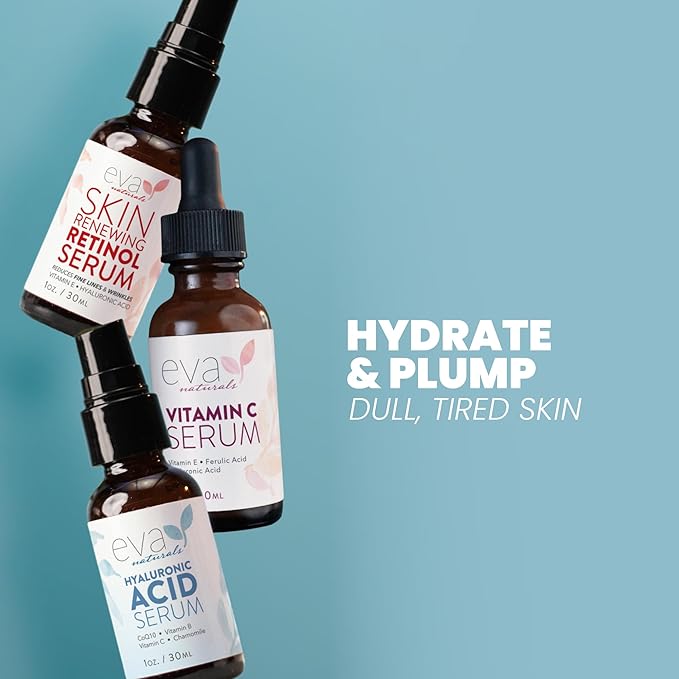 Eva Naturals Anti-Aging Serum Bundle - Vitamin C, Hyaluronic Acid, and Retinol | Face Serum Set for Skin Brightening, Hydration