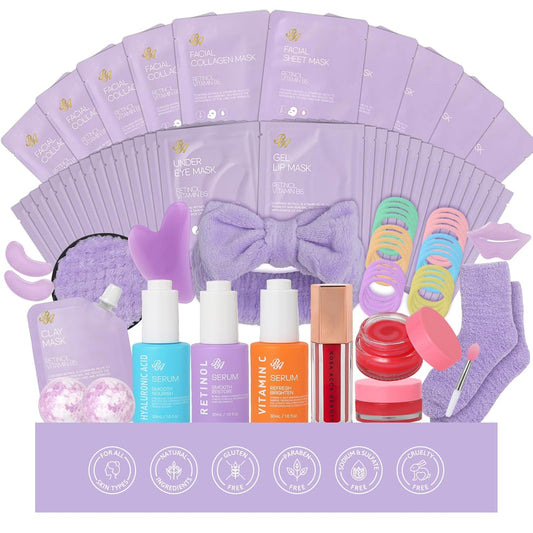 Lavender Face Sheet Mask Pack, 55Pcs Skin Care Kit for Women, Overnight Collagen Mask, Gel Lip Mask, Clay Mask, Hyaluronic Acid Face Serum, Spa Headband, Beauty Care, Christmas, Birthday, Mother Day