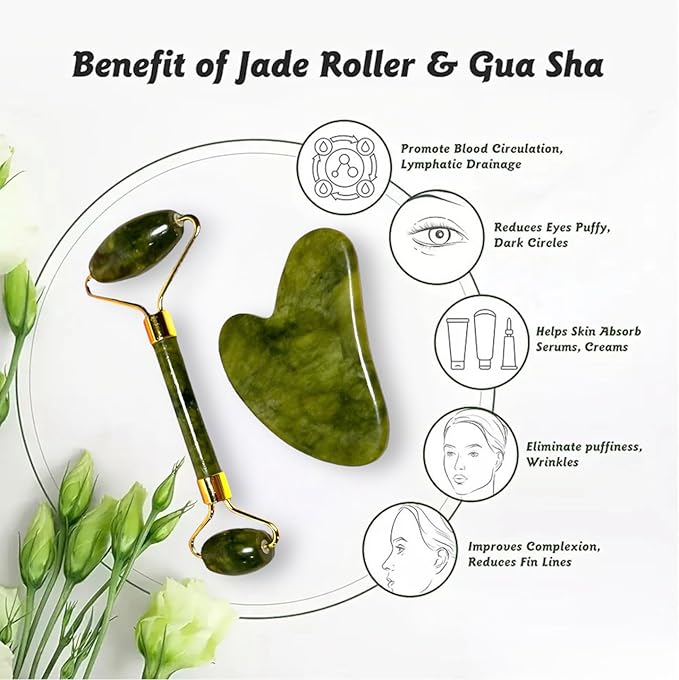 VIVIDUS Gua Sha and Jade Roller Set for Facial Massage, Improve Wrinkles, Reduce Puffiness and Redness, Gua Sha Stone Self Care Gift Set for Women Men (Green)