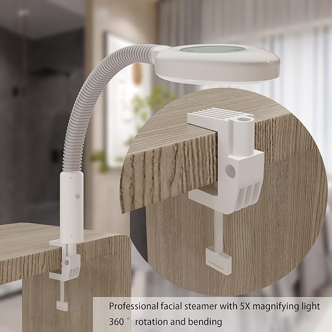 Facial Steamer Professional, Facial Steamer with Magnifying Lamp for Esthetician, 2 in 1 Ozone Steamer for Face, Face Steamer for Facial Deep Cleaning, White.