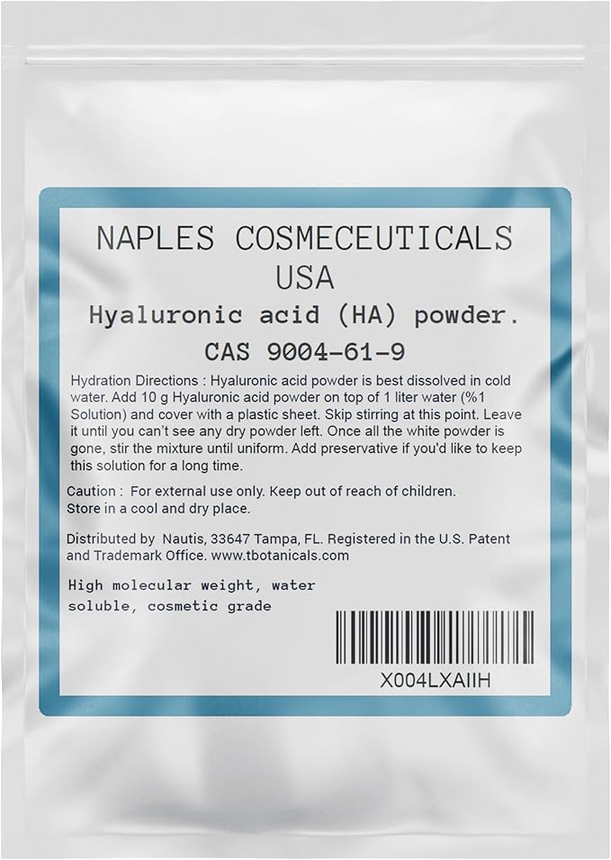 Hyaluronic Acid Powder Pure High Molecular Weight Cosmetic Grade Water Soluble Sodium Hyaluronate for Skin Face Cosmetic Applications Make Your Own Serum