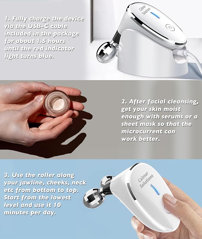 Micro-Current-Facial-Device, Face Roller Skin Care Tool, Face Massager Glossy White