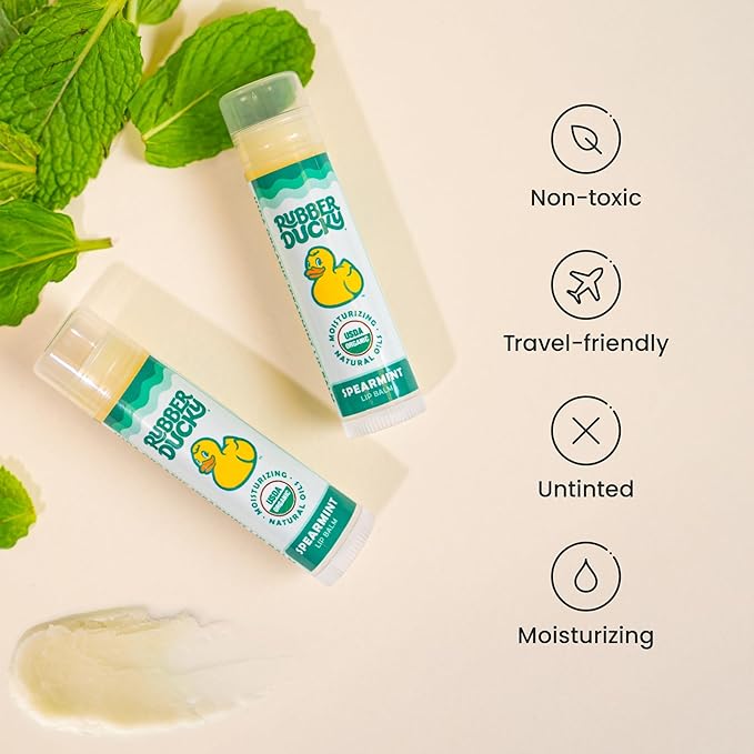 Rubber Ducky Sunscreen - Organic Lip Balm for Women, All Natural Lip Balm Stick with Vitamin E - Moisturizing & Hydrating Lip Balm for Dry Lips - Untinted and Non-Toxic Lip Care - Spearmint, 3 Pack