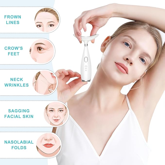 Neck Face Beauty Device, Skin Care Face Massager, 3 in 1 Facial Massage Tool with Heating & Vibration, White