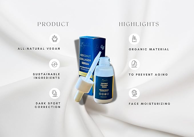 Coconut Collagen Serum For Face with Vitamin C - Anti Aging, Discoloration Correcting & Hydrating Serums - Hyaluronic Acid, Niacinamide & Bakuchiol - Vegan Dark Spot Remover - 1.08 Oz.